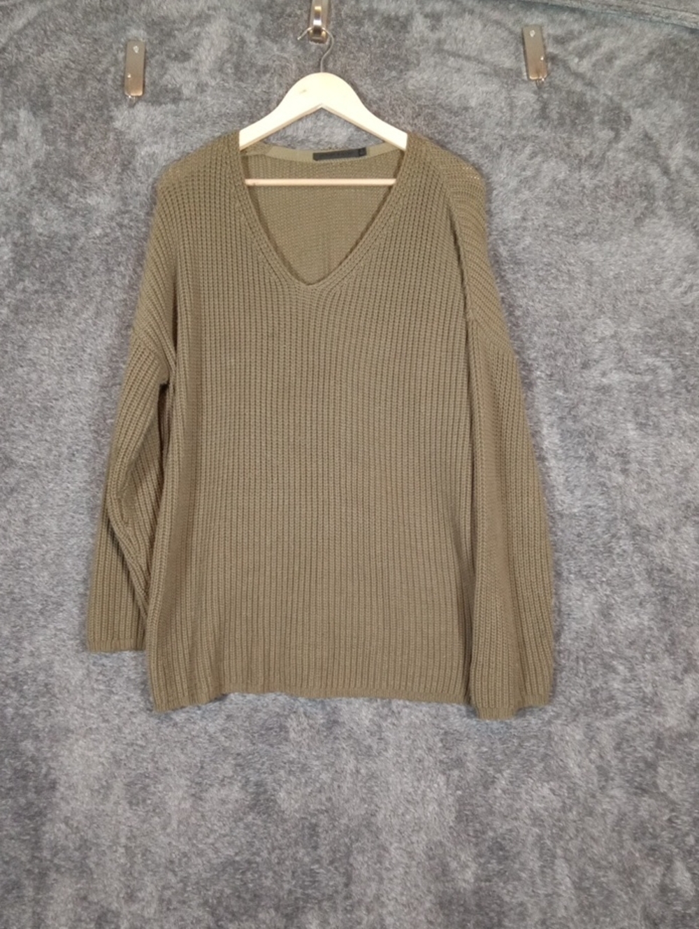 Jenni Kayne Olive Green Organic Cotton Chunky V Neck Sweater Coastal Fall XL